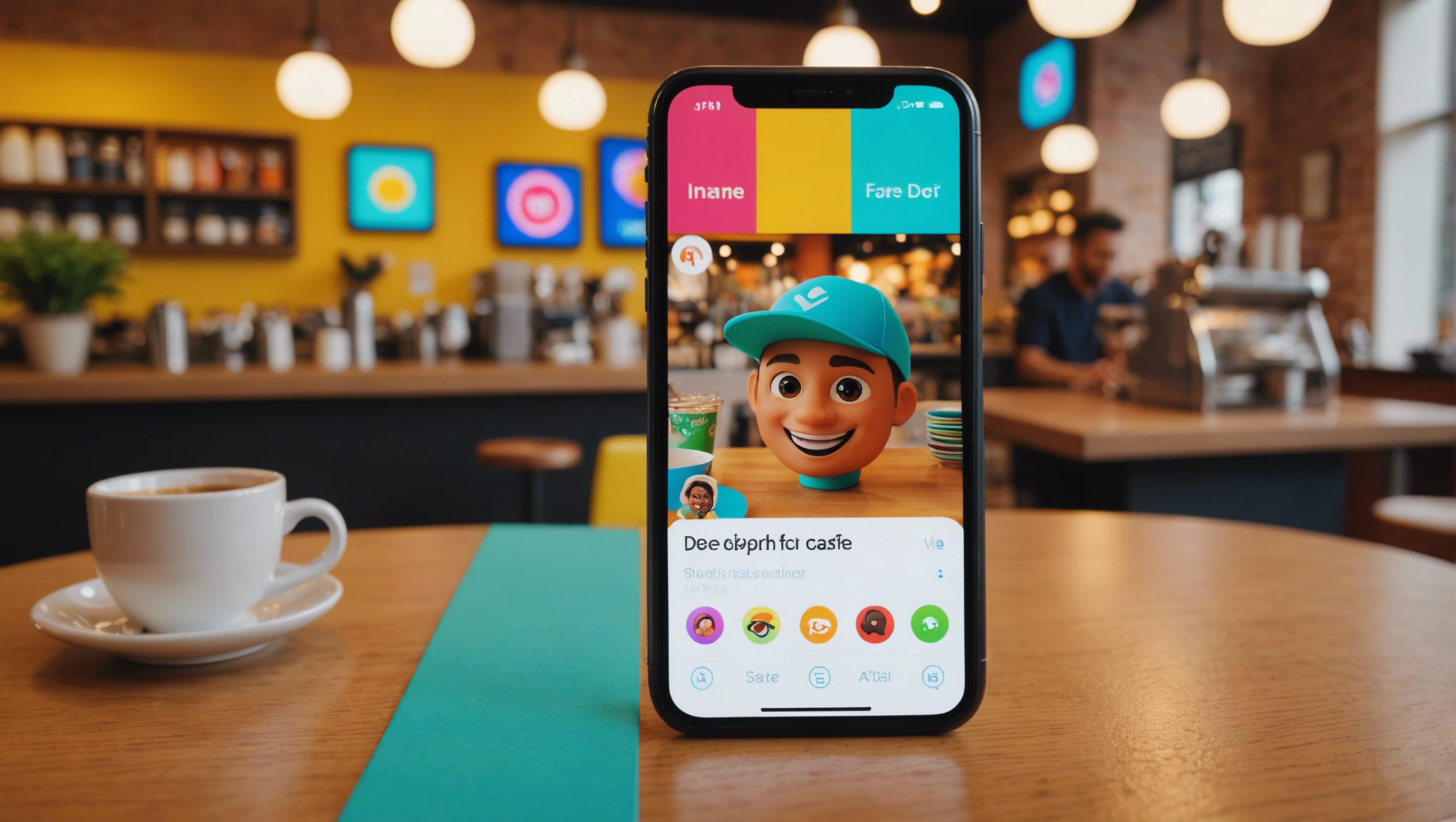 Крупный план iPhone в оживленном кафе, демонстрирующий процесс создания Memoji.