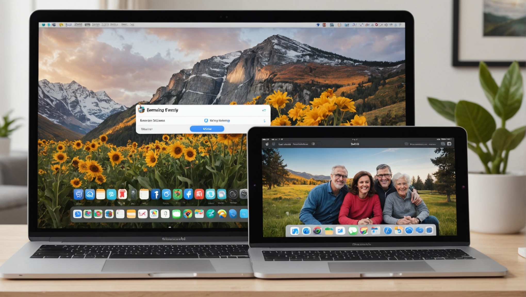 Художественное изображение открытого MacBook рядом с iPhone, оба с заметной функцией «Семейный доступ» на своих экранах.
