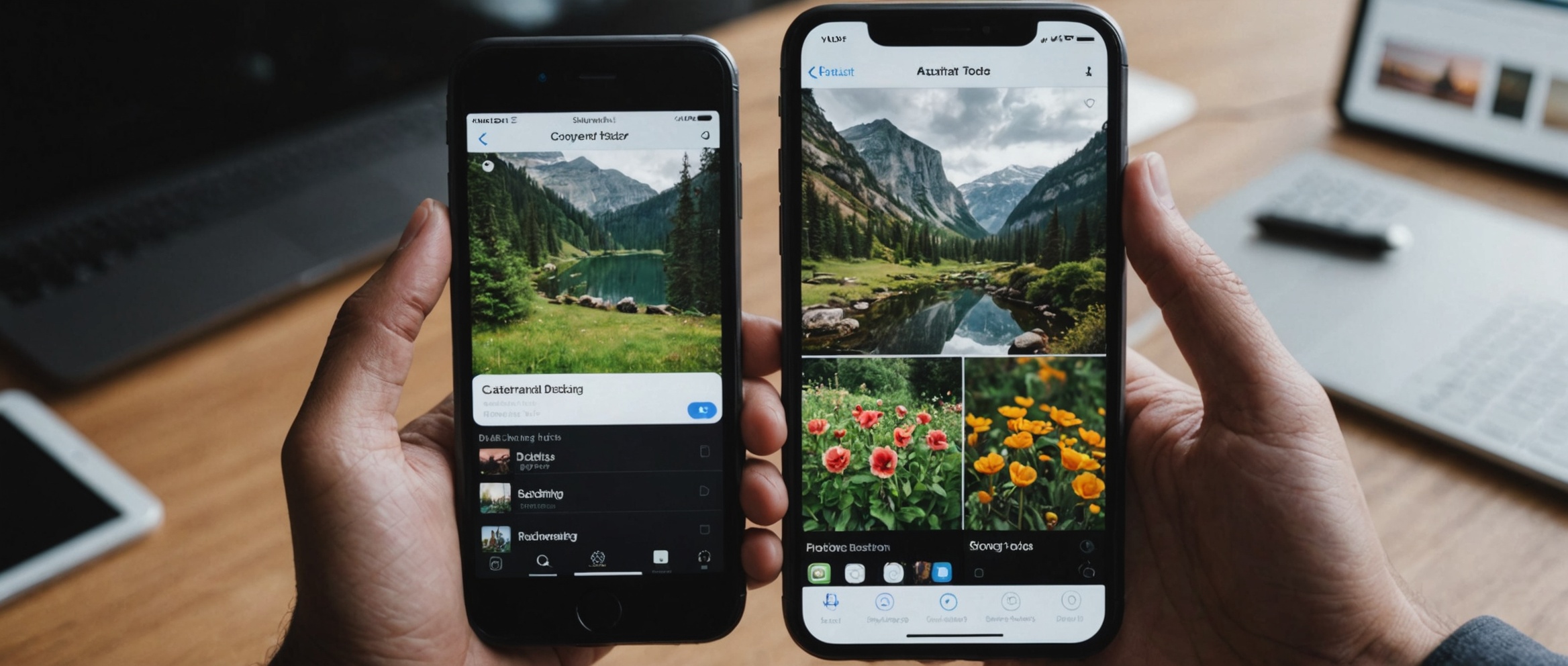 Руки держат два смартфона с пейзажными фотографиями на экранах, на заднем плане ноутбук.